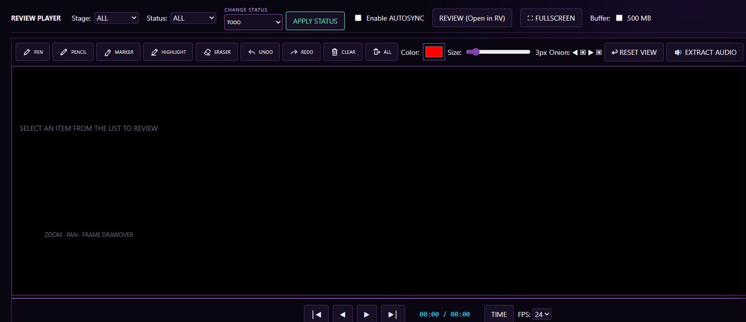 ANIMAFLOW Review Player with annotation, playback and status controls; no media selected